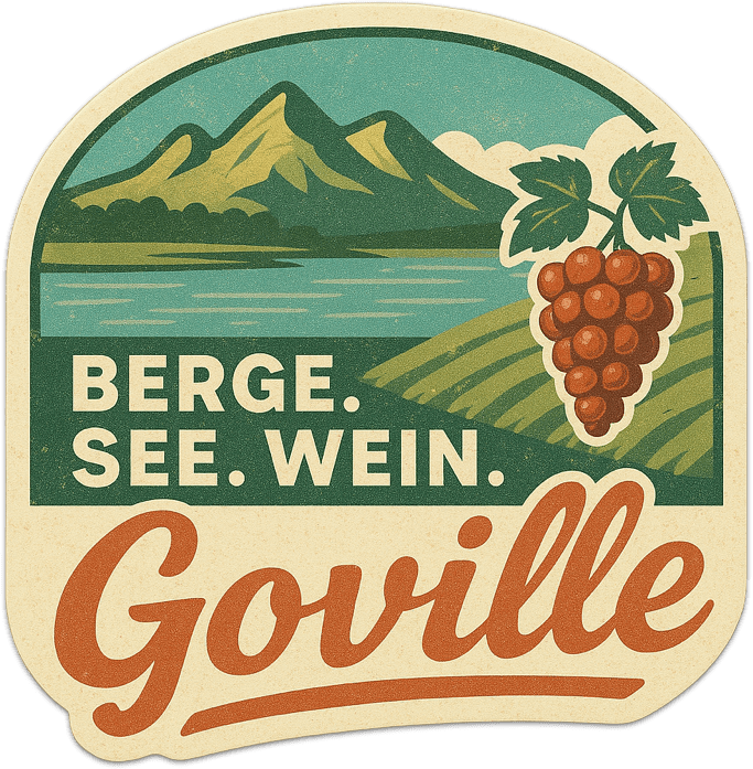 Retro-Aufkleber mit Slogan: Berge. See. Wein. Goville.